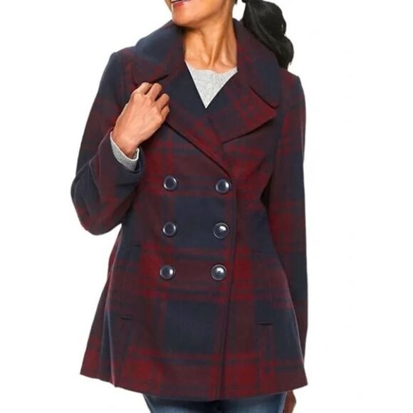 Larry Levine Double Breasted Peacoat Plaid Jacket Long Sleeve Navy Wine Womens L - Picture 1 of 11